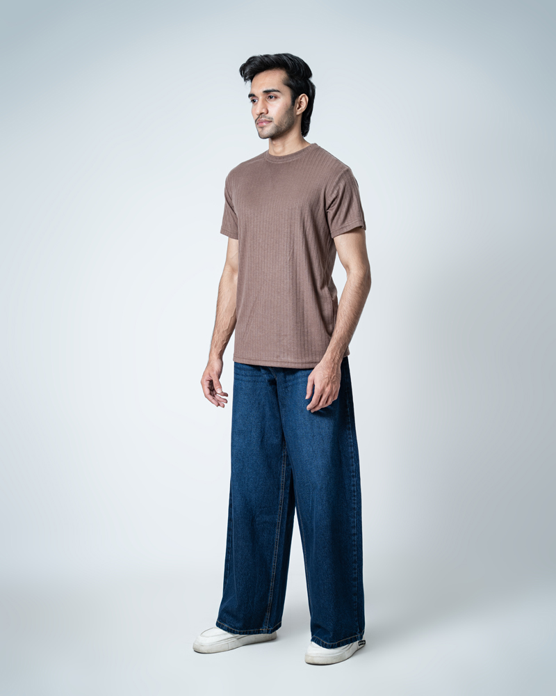 Premium Soft Textured Crewneck T-shirt in Brown with Thick Lines - Image 5