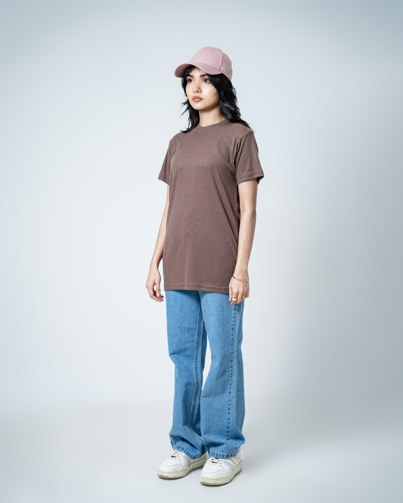 Premium Soft Textured Crewneck T-shirt in Brown with Thick Lines - Image 6
