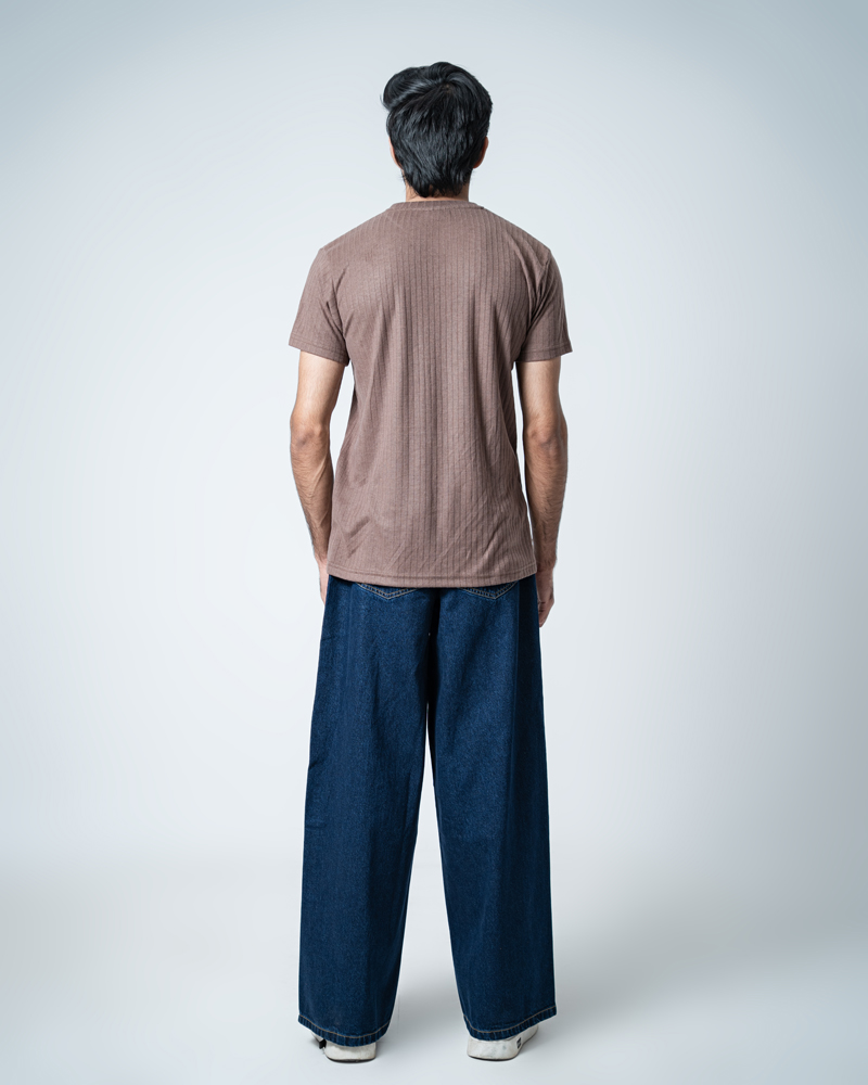 Premium Soft Textured Crewneck T-shirt in Brown with Thick Lines - Image 7