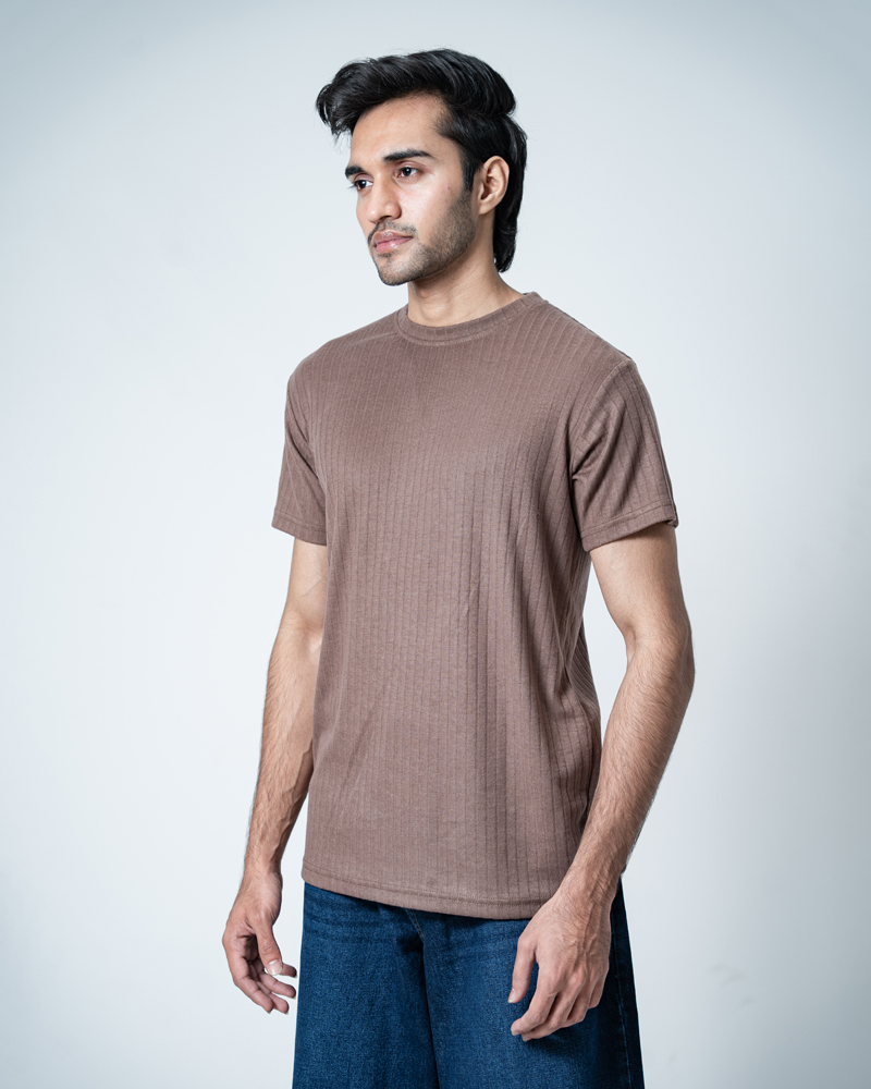 Premium Soft Textured Crewneck T-shirt in Brown with Thick Lines - Image 9