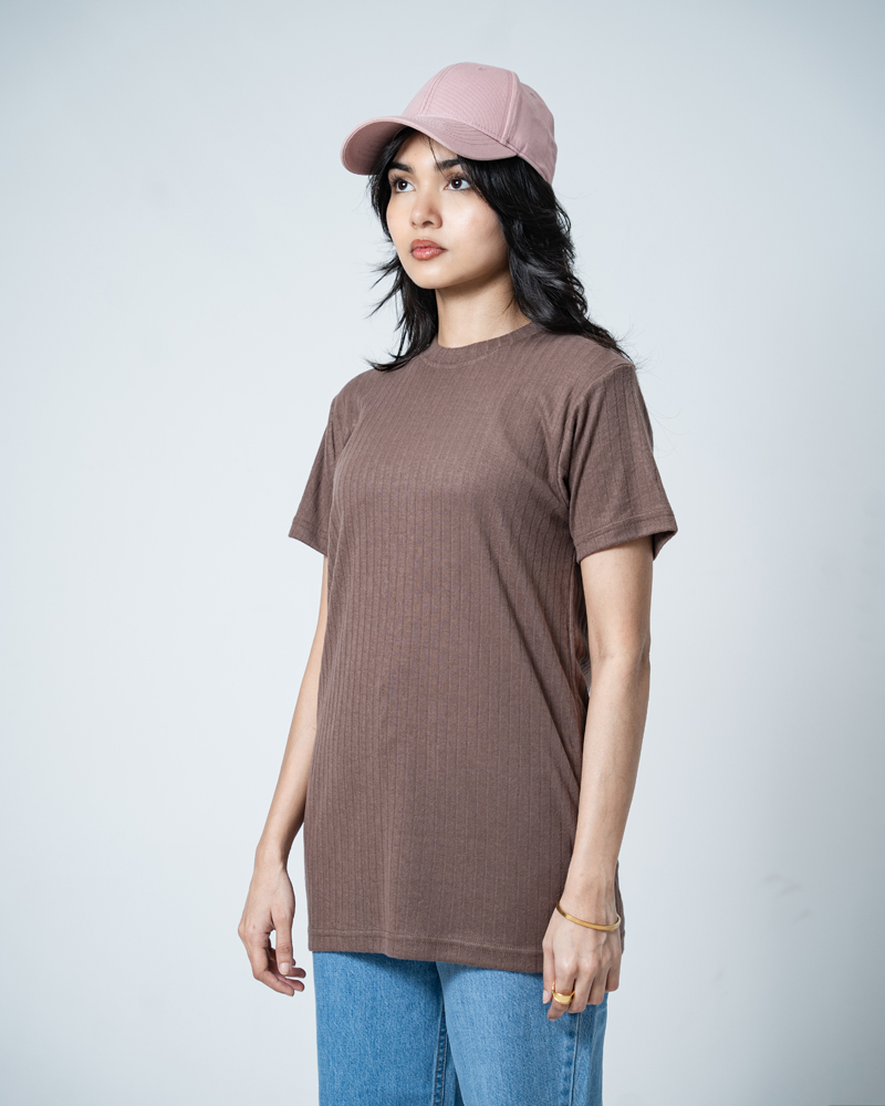 Premium Soft Textured Crewneck T-shirt in Brown with Thick Lines - Image 10