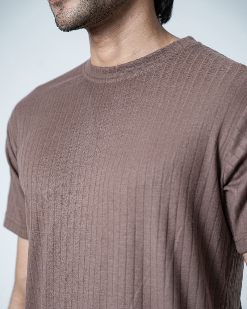 Premium Soft Textured Crewneck T-shirt in Brown with Thick Lines - Image 11