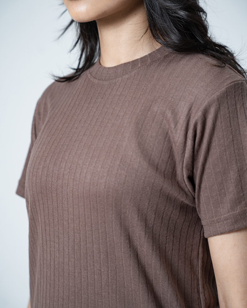 Premium Soft Textured Crewneck T-shirt in Brown with Thick Lines - Image 12