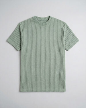 Premium Soft Textured Crewneck T-shirt in Dusty Sage Green with Thick Stripes
