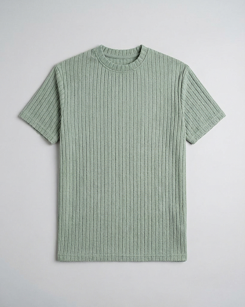 Premium Soft Textured Crewneck T-shirt in Dusty Sage Green with Thick Stripes