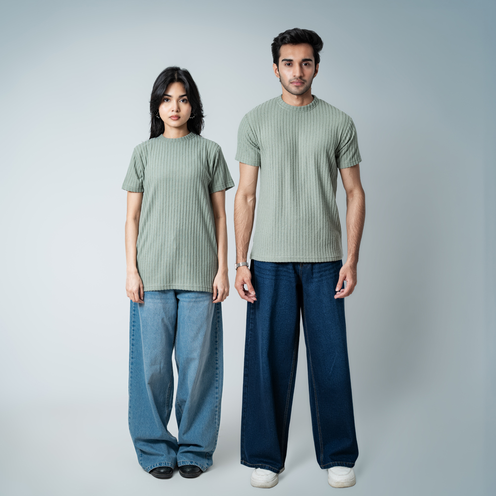 Premium Soft Textured Crewneck T-shirt in Dusty Sage Green with Thick Stripes - Image 2