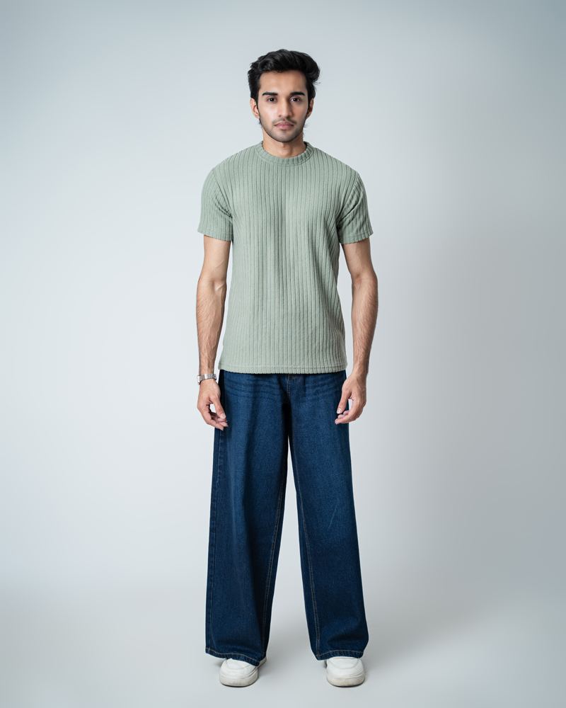 Premium Soft Textured Crewneck T-shirt in Dusty Sage Green with Thick Stripes - Image 3