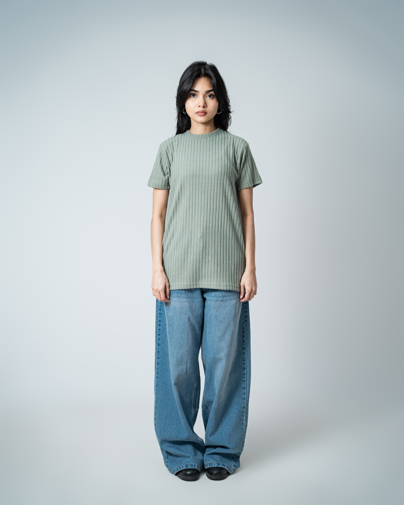 Premium Soft Textured Crewneck T-shirt in Dusty Sage Green with Thick Stripes - Image 4