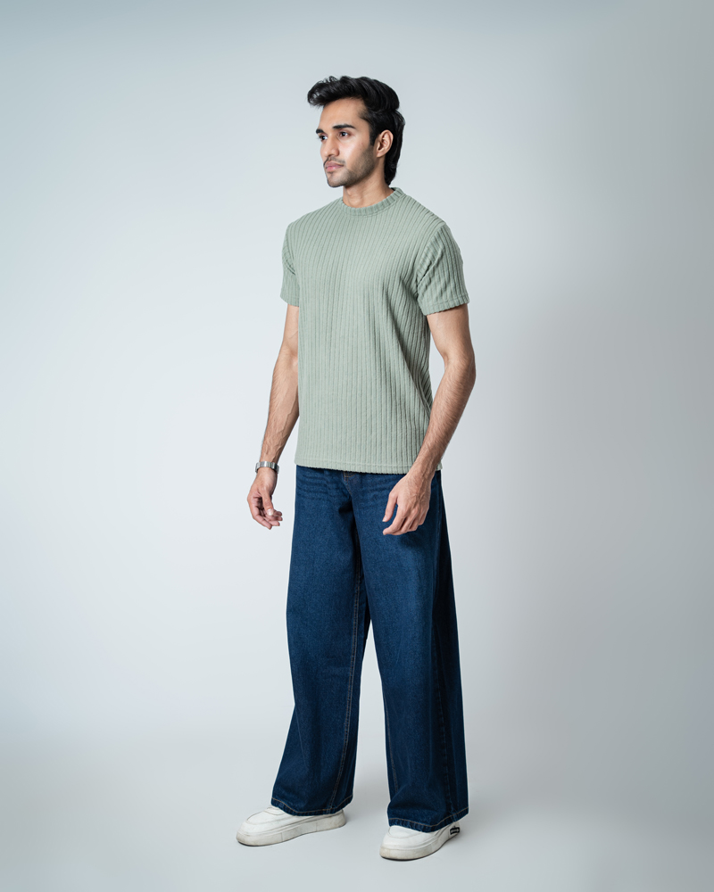 Premium Soft Textured Crewneck T-shirt in Dusty Sage Green with Thick Stripes - Image 5