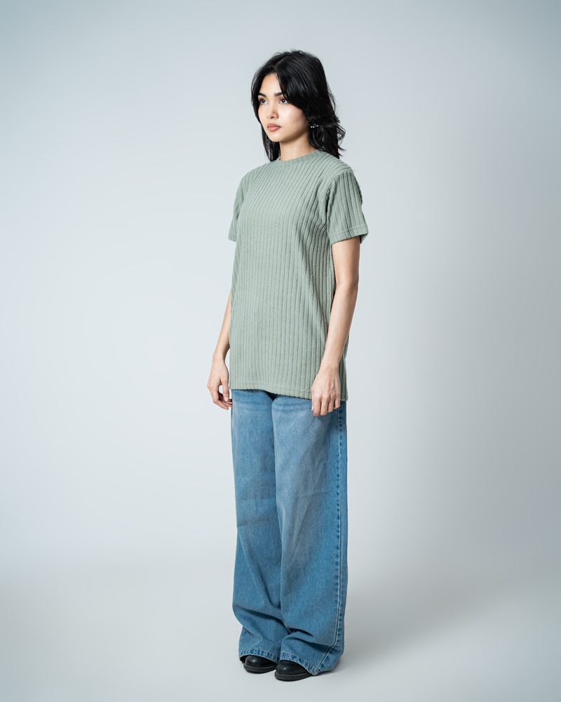 Premium Soft Textured Crewneck T-shirt in Dusty Sage Green with Thick Stripes - Image 6