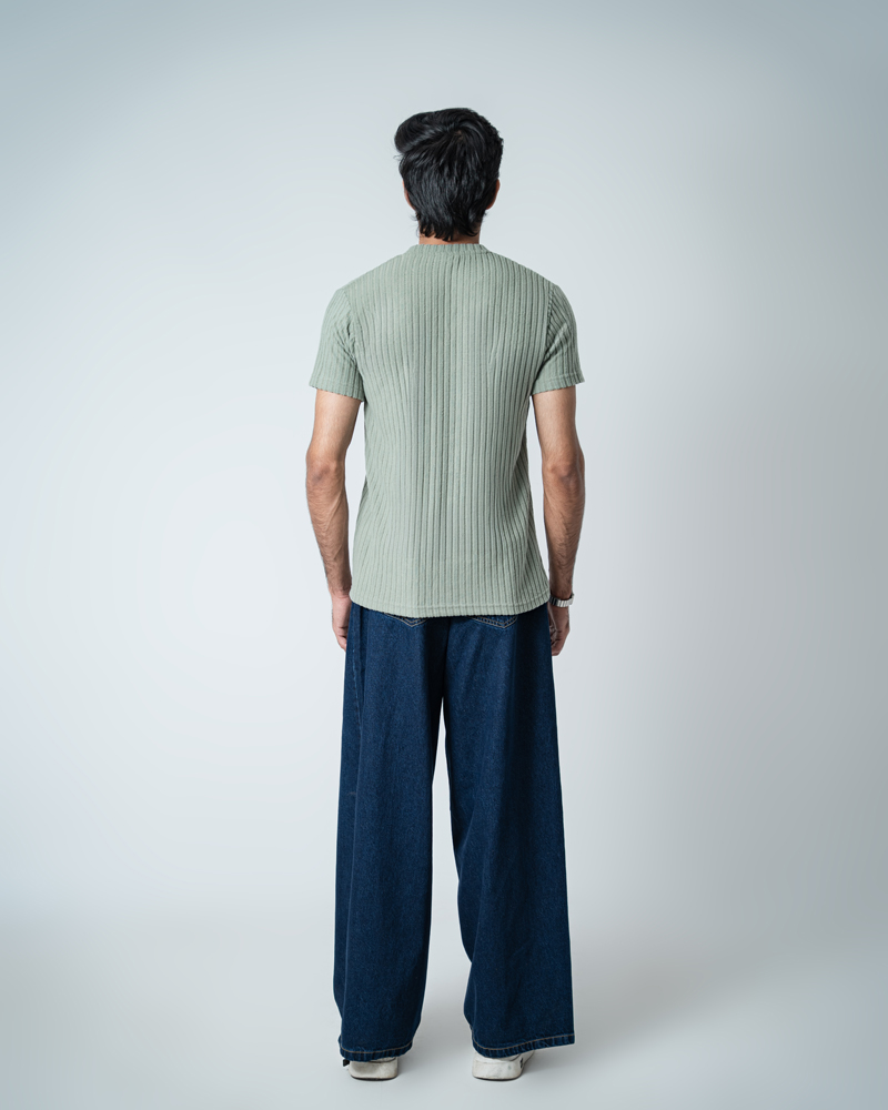 Premium Soft Textured Crewneck T-shirt in Dusty Sage Green with Thick Stripes - Image 7