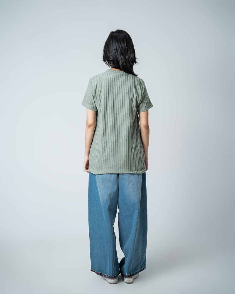 Premium Soft Textured Crewneck T-shirt in Dusty Sage Green with Thick Stripes - Image 8