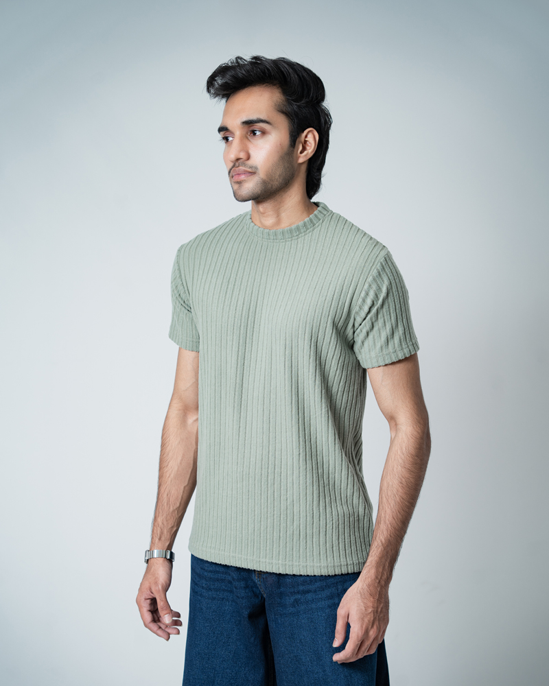 Premium Soft Textured Crewneck T-shirt in Dusty Sage Green with Thick Stripes - Image 9