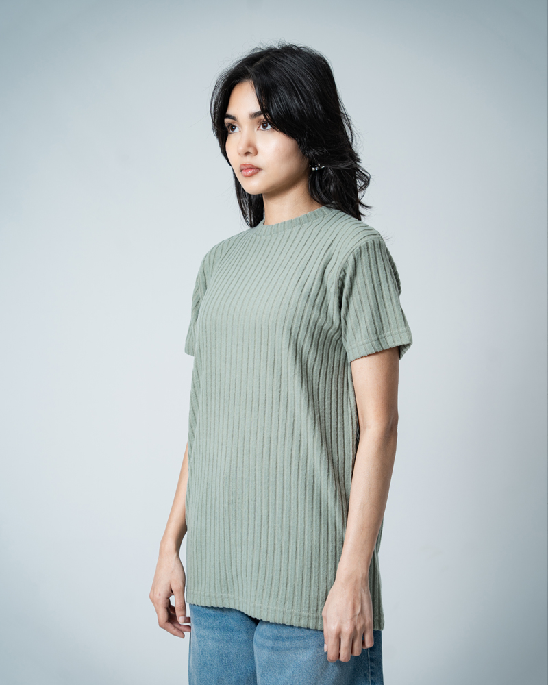 Premium Soft Textured Crewneck T-shirt in Dusty Sage Green with Thick Stripes - Image 10