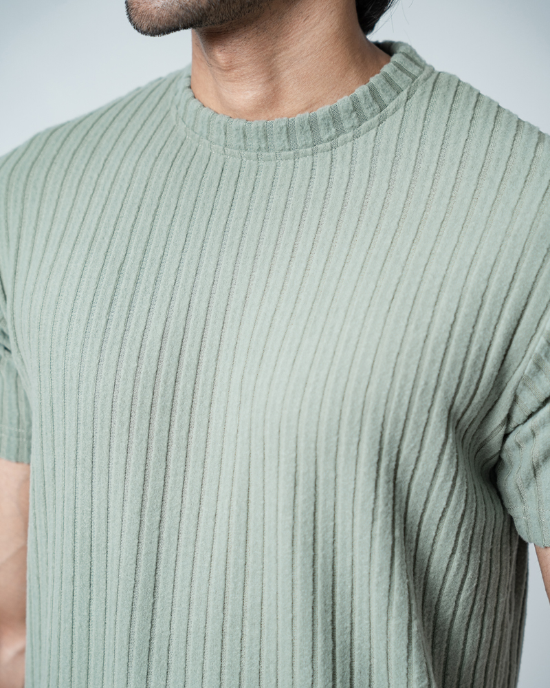 Premium Soft Textured Crewneck T-shirt in Dusty Sage Green with Thick Stripes - Image 11
