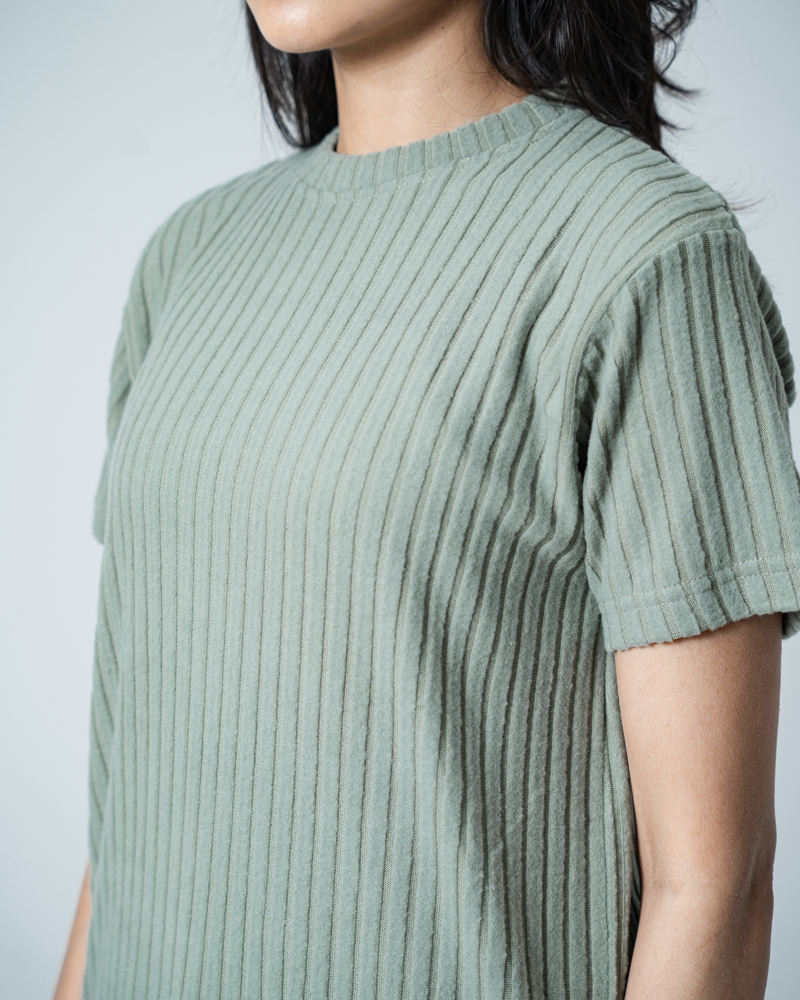 Premium Soft Textured Crewneck T-shirt in Dusty Sage Green with Thick Stripes - Image 12