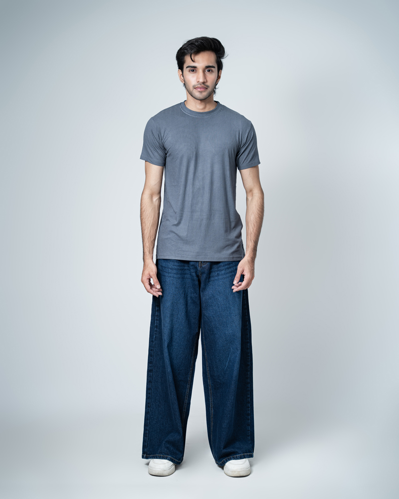 Premium Soft Textured Crewneck T-shirt in Payen's Grey with Thin Stripes - Image 3