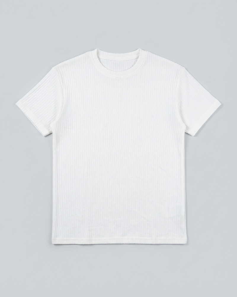 Premium Soft Textured Crewneck T-shirt in White with Thick Stripes
