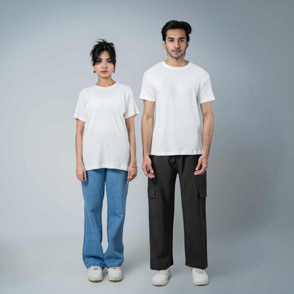 Premium Soft Textured Crewneck T-shirt in White with Thick Stripes - Image 2