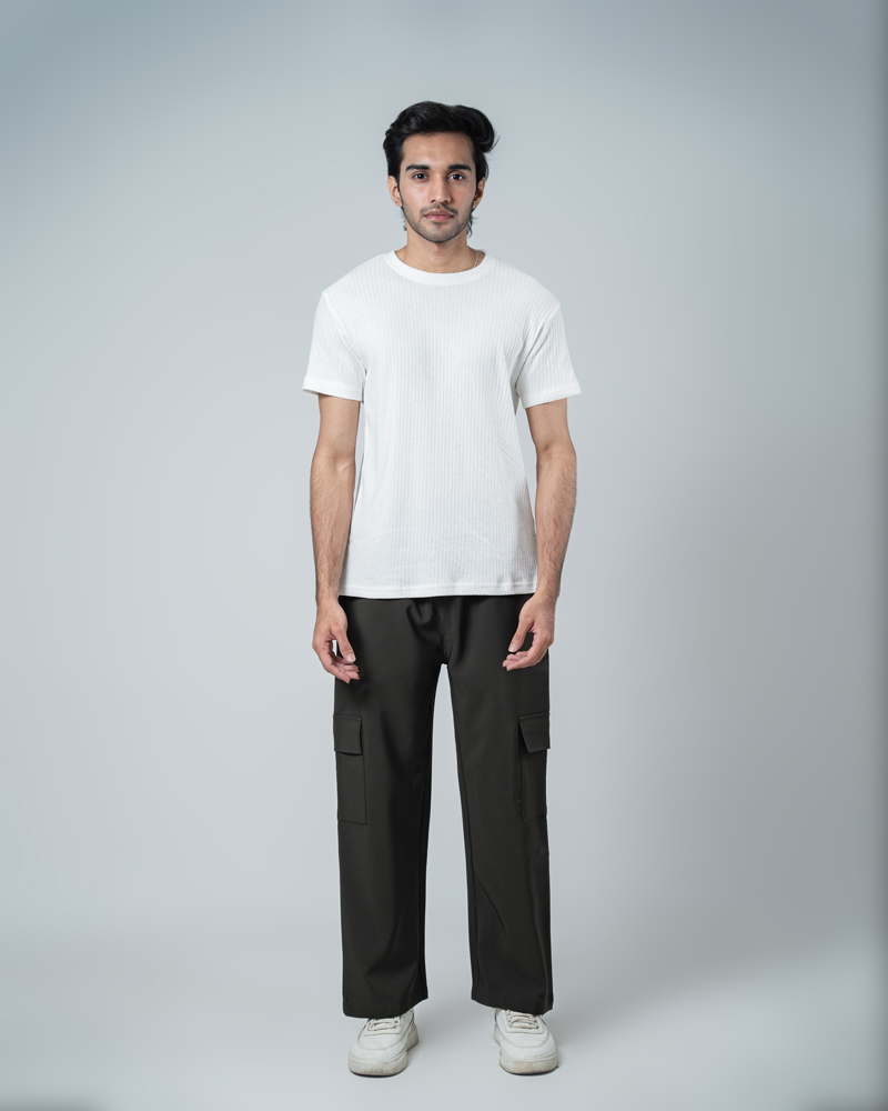 Premium Soft Textured Crewneck T-shirt in White with Thick Stripes - Image 3