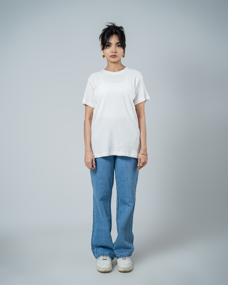 Premium Soft Textured Crewneck T-shirt in White with Thick Stripes - Image 4