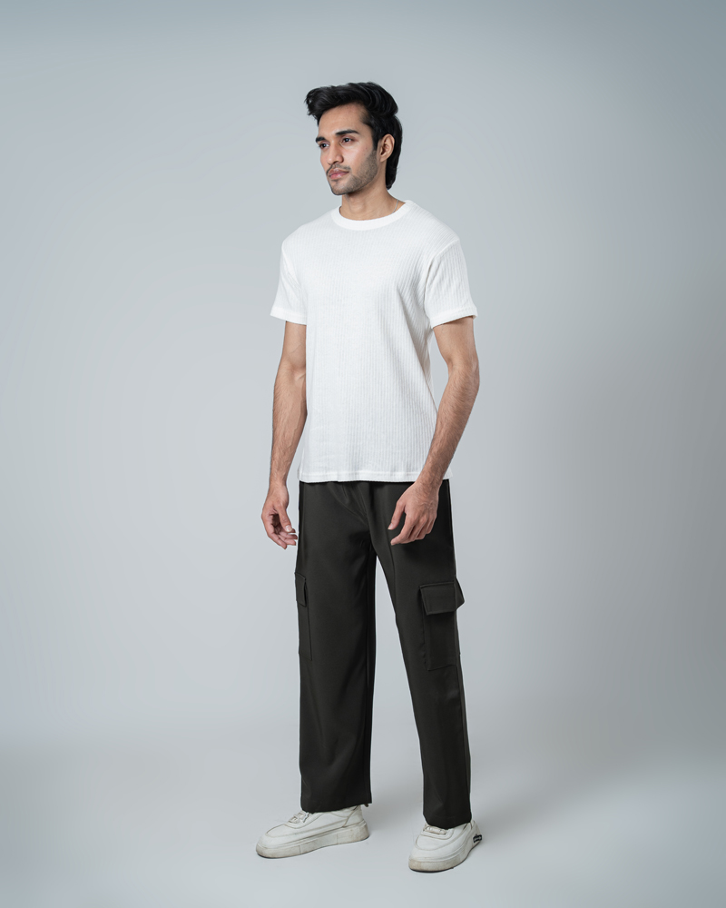 Premium Soft Textured Crewneck T-shirt in White with Thick Stripes - Image 5