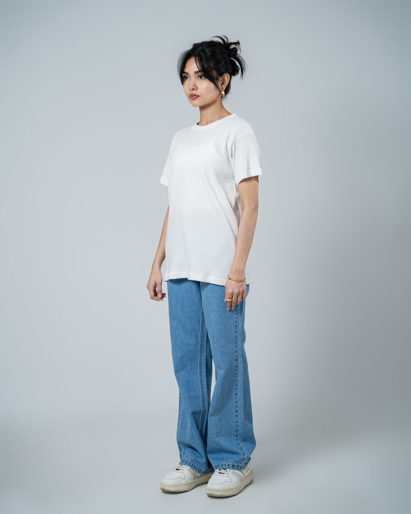 Premium Soft Textured Crewneck T-shirt in White with Thick Stripes - Image 6