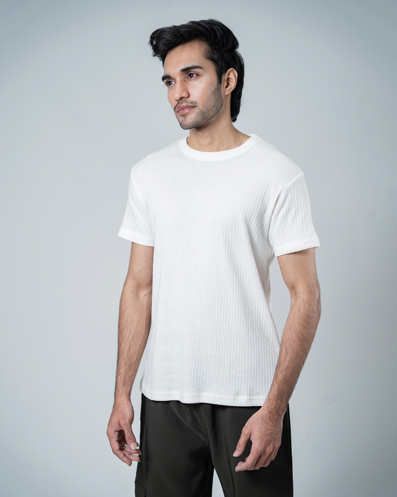 Premium Soft Textured Crewneck T-shirt in White with Thick Stripes - Image 9