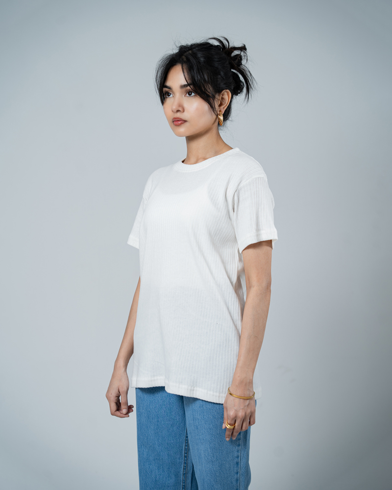 Premium Soft Textured Crewneck T-shirt in White with Thick Stripes - Image 10