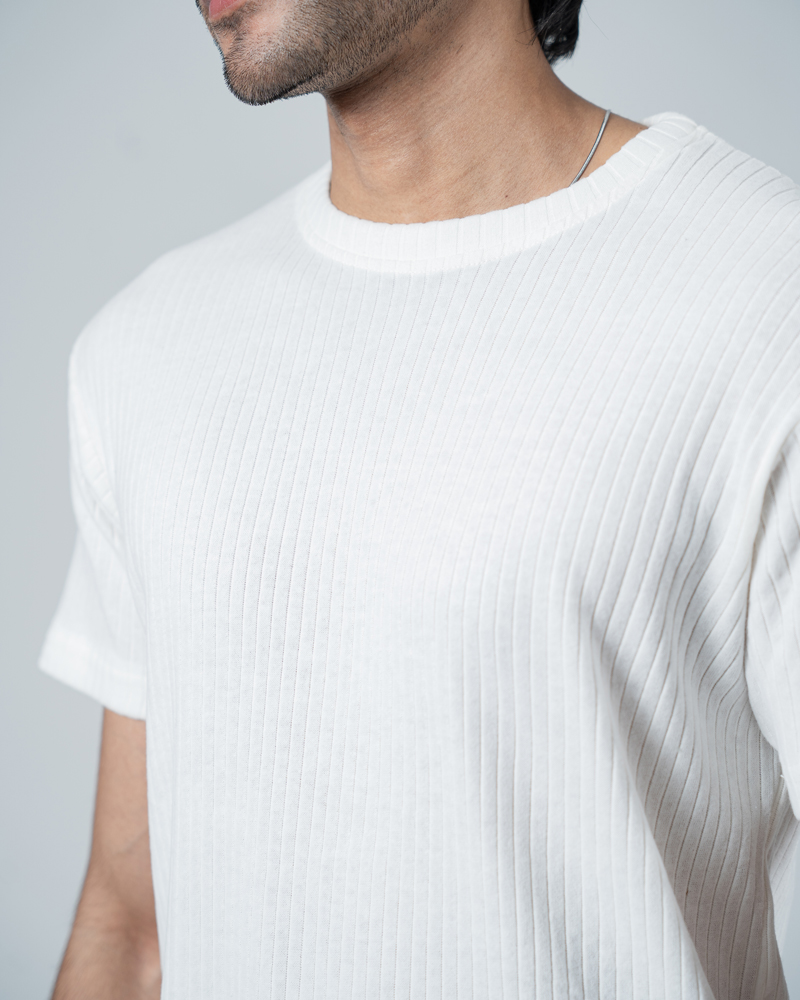 Premium Soft Textured Crewneck T-shirt in White with Thick Stripes - Image 11