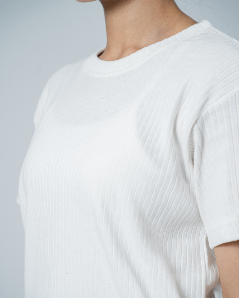 Premium Soft Textured Crewneck T-shirt in White with Thick Stripes - Image 12