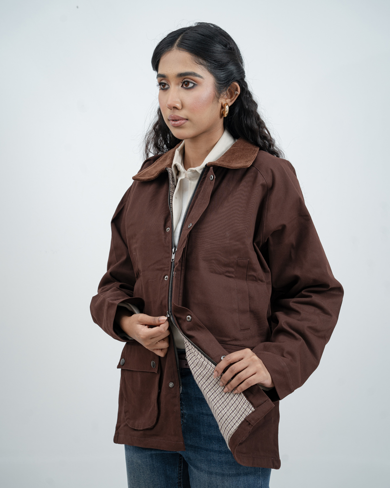 Twill Chore Jacket with Flannel inner in Brown - Image 11