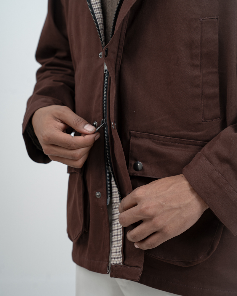 Twill Chore Jacket with Flannel inner in Brown - Image 14