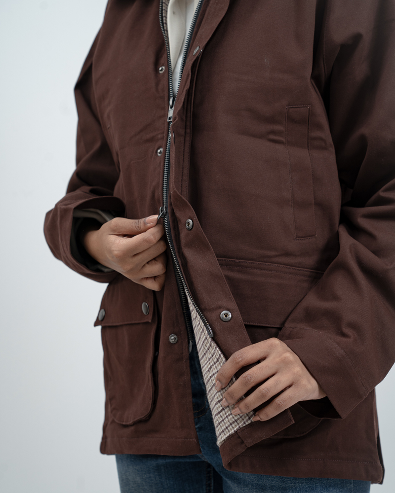 Twill Chore Jacket with Flannel inner in Brown - Image 15