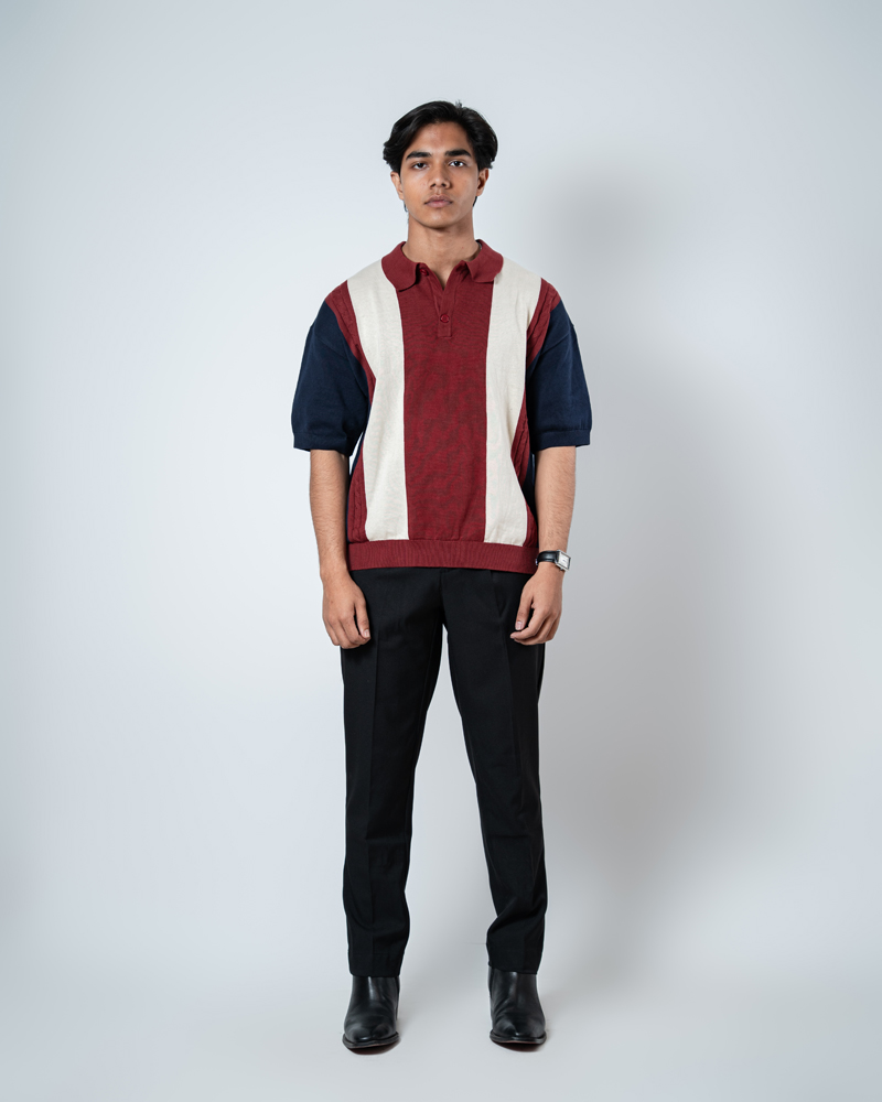 Unisex Half-Sleeve Knitted Polo in Navy, Maroon and Cream - Image 2
