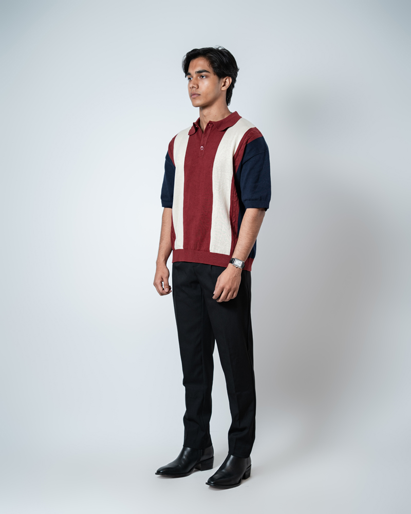 Unisex Half-Sleeve Knitted Polo in Navy, Maroon and Cream - Image 3