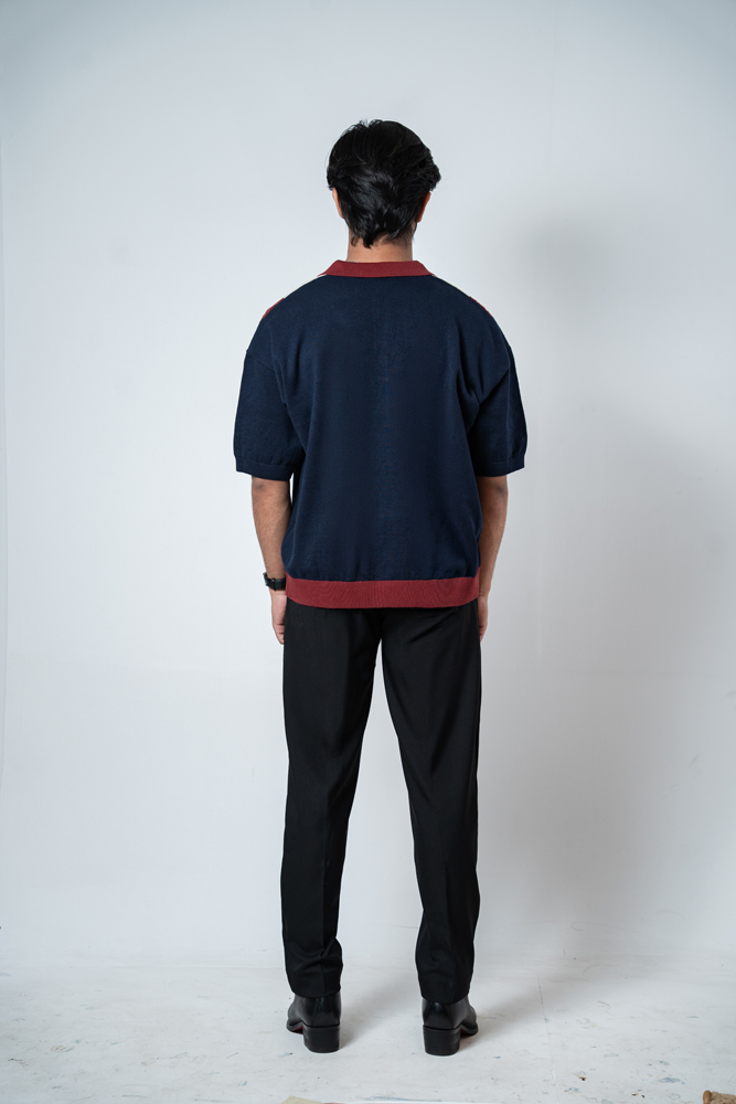 Unisex Half-Sleeve Knitted Polo in Navy, Maroon and Cream - Image 4