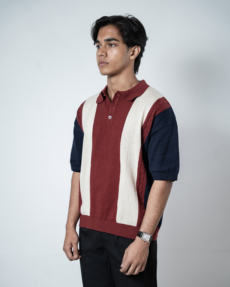 Unisex Half-Sleeve Knitted Polo in Navy, Maroon and Cream - Image 5