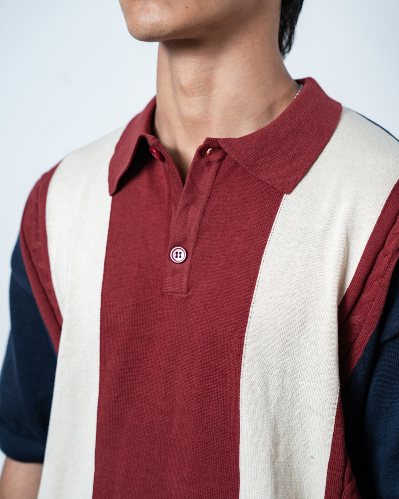 Unisex Half-Sleeve Knitted Polo in Navy, Maroon and Cream - Image 6