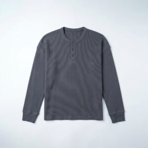 Unisex Henley Full Sleeve Waffle Textured T-shirt in Ash