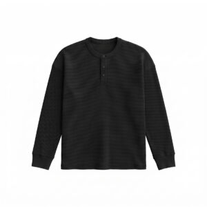 Unisex Henley Full Sleeve Waffle Textured T-shirt in Black