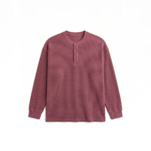 Unisex Henley Full Sleeve Waffle Textured T-shirt in Dark Mauve