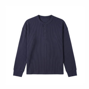 Unisex Henley Full Sleeve Waffle Textured T-shirt in Navy Blue