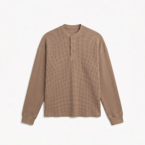 Unisex Henley Full Sleeve Waffle Textured T-shirt in Washed Brown