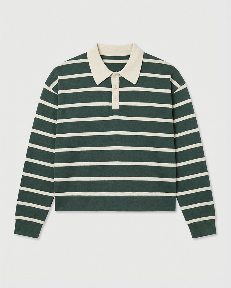 Unisex Horizontal Striped Knit Polo in Forest Green