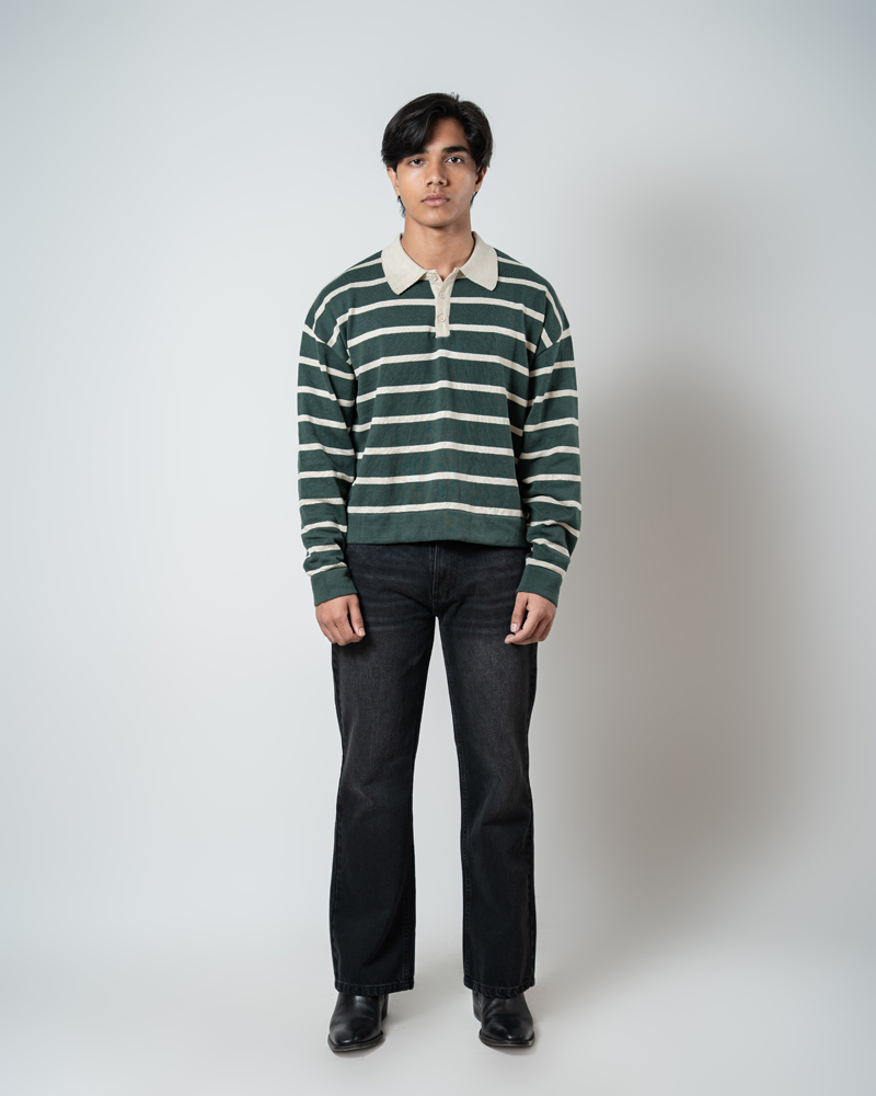 Unisex Horizontal Striped Knit Polo in Forest Green - Image 2