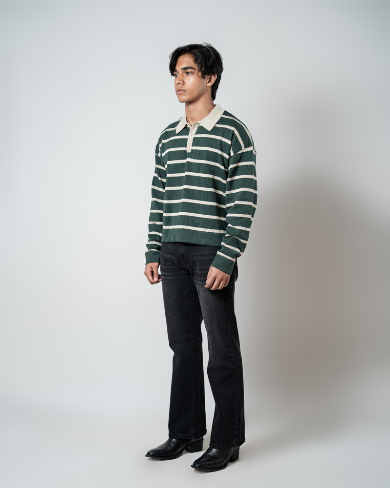 Unisex Horizontal Striped Knit Polo in Forest Green - Image 3