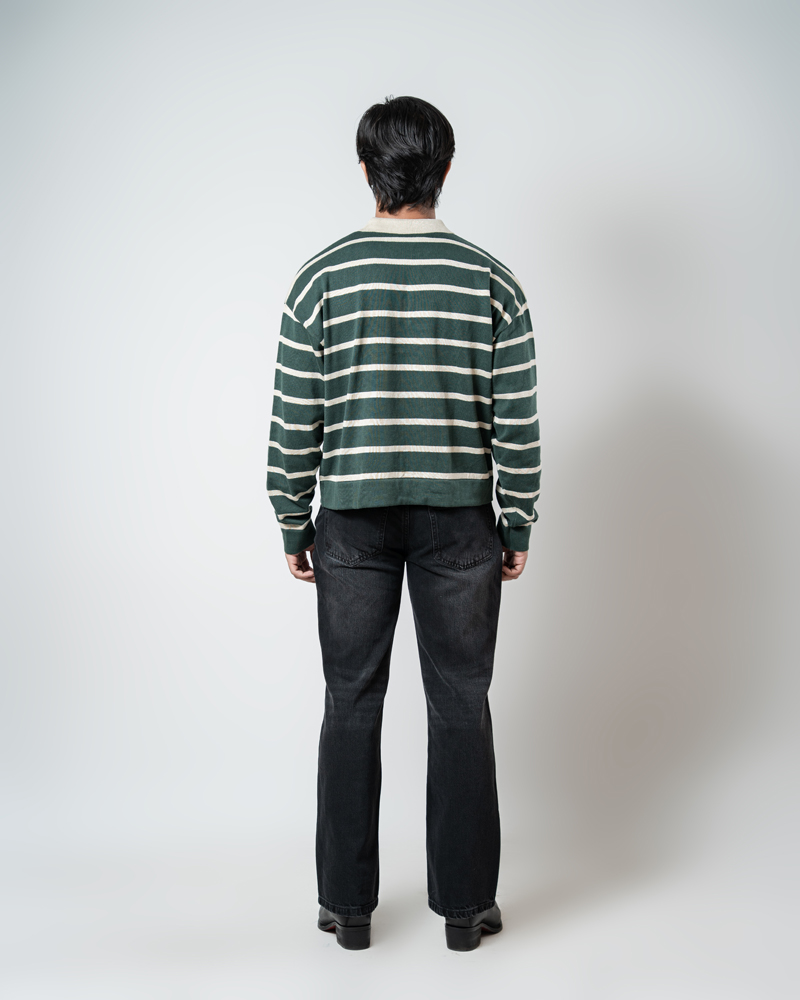 Unisex Horizontal Striped Knit Polo in Forest Green - Image 4