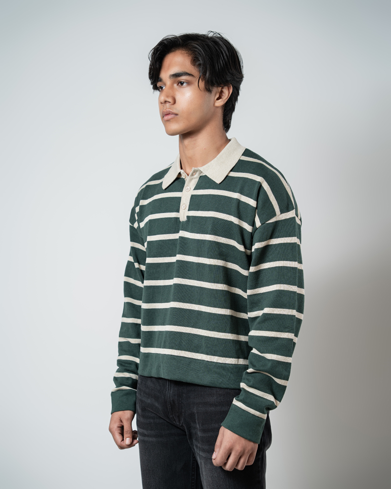 Unisex Horizontal Striped Knit Polo in Forest Green - Image 5