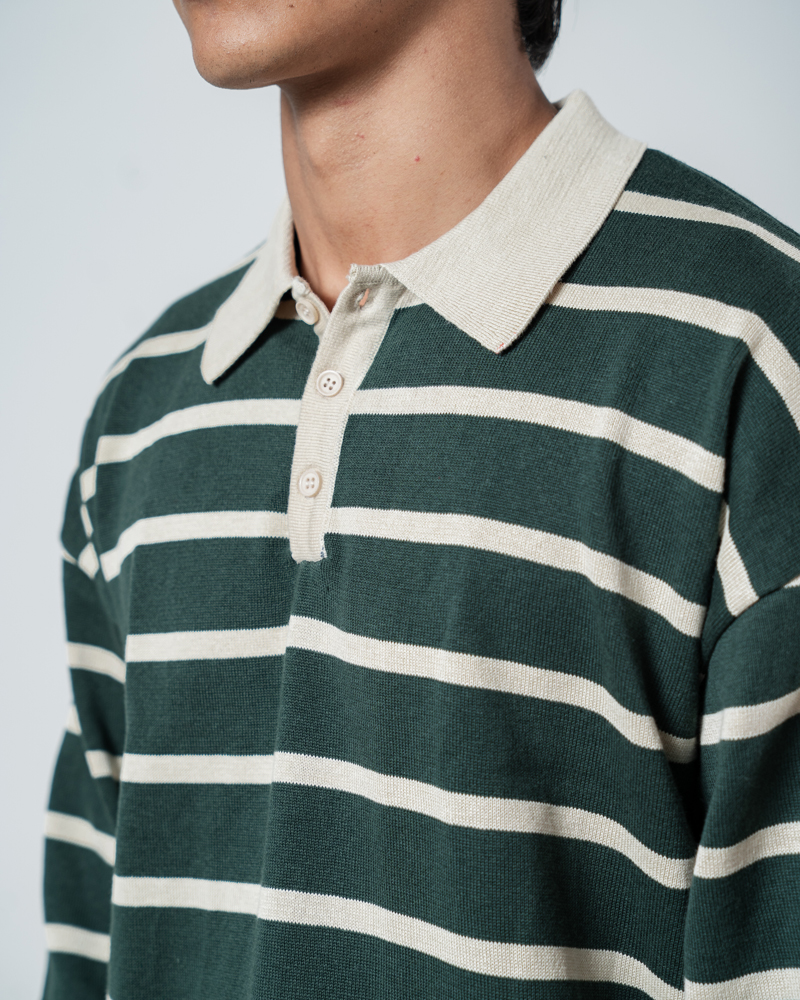 Unisex Horizontal Striped Knit Polo in Forest Green - Image 6